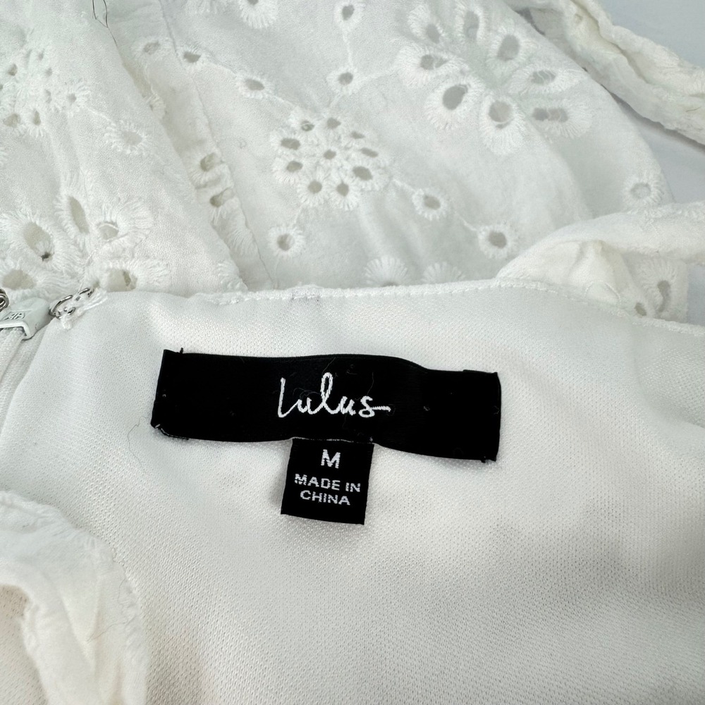 Lulus M White Eyelet Cotton Tie Strap Tiered Midi Dress Womens Graduation Easter - Picture 14 of 15